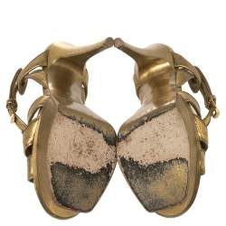 Pre Owned صندل سان لوران تريبيوت جلد بنقشة السحلية ذهبي مقاس 36