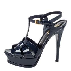 Pre Owned Saint Laurent Navy Blue Patent Leather Tribute Sandals Size 36.5