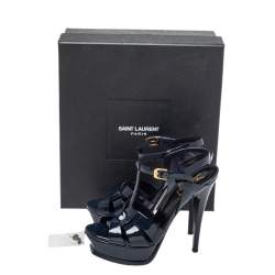 Pre Owned Saint Laurent Navy Blue Patent Leather Tribute Sandals Size 36.5