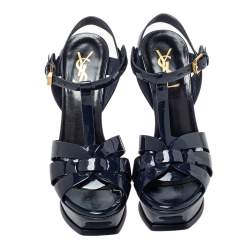 Pre Owned Saint Laurent Navy Blue Patent Leather Tribute Sandals Size 36.5