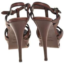 Pre Owned صندل سان لوران جلد بني تريبوت نعل سميك بحزام للكاحل مقاس 38.5