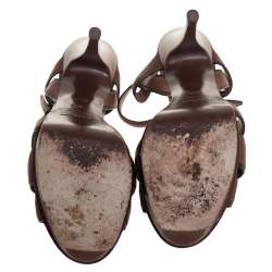 Pre Owned صندل سان لوران جلد بني تريبوت نعل سميك بحزام للكاحل مقاس 38.5