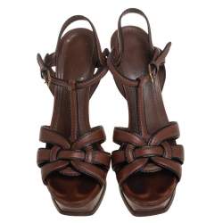 Pre Owned صندل سان لوران جلد بني تريبوت نعل سميك بحزام للكاحل مقاس 38.5