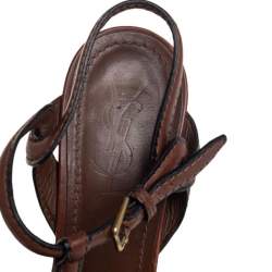 Pre Owned صندل سان لوران جلد بني تريبوت نعل سميك بحزام للكاحل مقاس 38.5