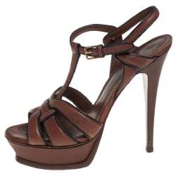 Pre Owned صندل سان لوران جلد بني تريبوت نعل سميك بحزام للكاحل مقاس 38.5