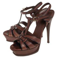 Pre Owned صندل سان لوران جلد بني تريبوت نعل سميك بحزام للكاحل مقاس 38.5
