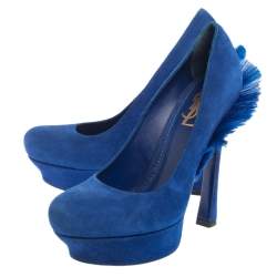 مملوكة مسبقًا حذاء كعب عالي سان لوران موهوك بالياس سويدي أزرق مقاس 40