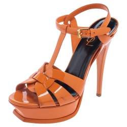 مملوكة مسبقًا Saint Laurent Orange Patent Leather Tribute Platform Ankle Strap Sandals Size 39