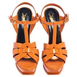 مملوكة مسبقًا Saint Laurent Orange Patent Leather Tribute Platform Ankle Strap Sandals Size 39