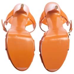 مملوكة مسبقًا Saint Laurent Orange Patent Leather Tribute Platform Ankle Strap Sandals Size 39