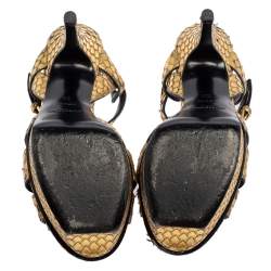 Pre Owned صندل سان لوران تريبوت جلد نقشة الثعبان ذهبي نعل سميك سير كاحل مقاس 35