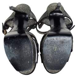 Pre Owned Saint Laurent Black Glitter And Suede Platform Tribute Sandals Size 38