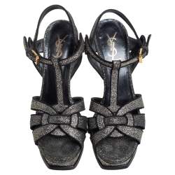 Pre Owned Saint Laurent Black Glitter And Suede Platform Tribute Sandals Size 38