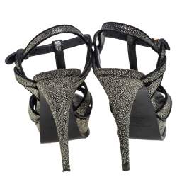 Pre Owned Saint Laurent Black Glitter And Suede Platform Tribute Sandals Size 38