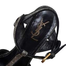 Pre Owned Saint Laurent Black Glitter And Suede Platform Tribute Sandals Size 38