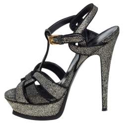 Pre Owned Saint Laurent Black Glitter And Suede Platform Tribute Sandals Size 38