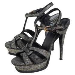 Pre Owned Saint Laurent Black Glitter And Suede Platform Tribute Sandals Size 38