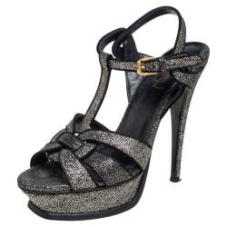 Pre Owned Saint Laurent Black Glitter And Suede Platform Tribute Sandals Size 38