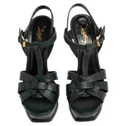Pre Owned Saint Laurent Petroleum Green Croc Embossed Leather Tribute Platform Sandals Size 36
