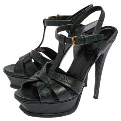 Pre Owned Saint Laurent Petroleum Green Croc Embossed Leather Tribute Platform Sandals Size 36