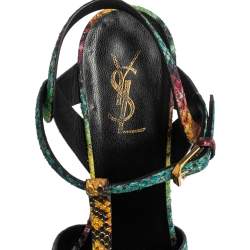 Saint Laurent Multicolor Rainbow Python Embossed Leather Tribute Platform Ankle Strap Sandals Size 38.5