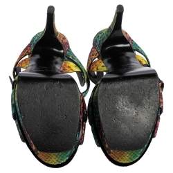 Saint Laurent Multicolor Rainbow Python Embossed Leather Tribute Platform Ankle Strap Sandals Size 38.5