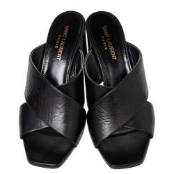Pre Owned Saint Laurent Black Leather Loulou Criss Cross Block Heel Sandals Size 37