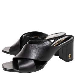Pre Owned Saint Laurent Black Leather Loulou Criss Cross Block Heel Sandals Size 37