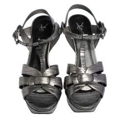 Pre Owned Saint Laurent Metallic Grey Lizard Embossed Leather Tribute Platform Sandals Size 38.5