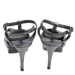 Pre Owned Saint Laurent Metallic Grey Lizard Embossed Leather Tribute Platform Sandals Size 38.5