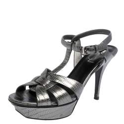 Pre Owned Saint Laurent Metallic Grey Lizard Embossed Leather Tribute Platform Sandals Size 38.5