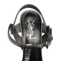 Pre Owned Saint Laurent Metallic Grey Lizard Embossed Leather Tribute Platform Sandals Size 38.5