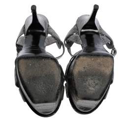 Pre Owned Saint Laurent Metallic Grey Lizard Embossed Leather Tribute Platform Sandals Size 38.5