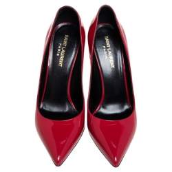 Pre Owned Saint Laurent Red Patent Leather Skinny Pointed Toe Pumps Size 38