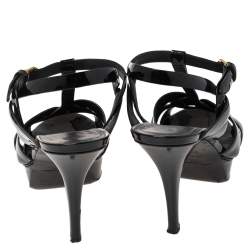 Pre Owned Saint Laurent Black Patent Leather Tribute Platform Ankle Strap Sandals Size 39.5