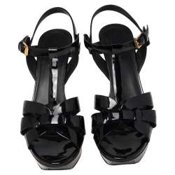 Pre Owned Saint Laurent Black Patent Leather Tribute Platform Ankle Strap Sandals Size 39.5