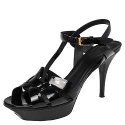 Pre Owned Saint Laurent Black Patent Leather Tribute Platform Ankle Strap Sandals Size 39.5