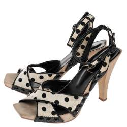 Pre Owned Saint Laurent Cream/Black Polka Dot Fabric And Patent Leather Slingback Sandals Size 38