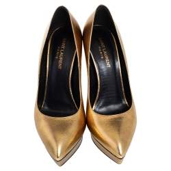 Pre Owned Saint Laurent Gold Leather Janis Platform Pointed Toe Pumps Size 39