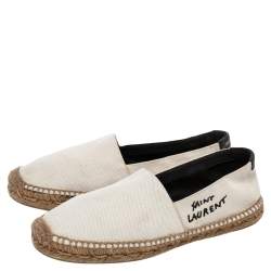 Pre Owned Saint Laurent Paris White Canvas Embroidered Espadrilles Slip On Loafers Size 37