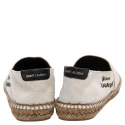 Pre Owned Saint Laurent Paris White Canvas Embroidered Espadrilles Slip On Loafers Size 37