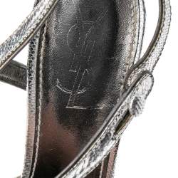 Saint Laurent Paris Silver Embossed Leather T Strap Sandals Size 37