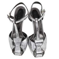 Saint Laurent Paris Silver Embossed Leather T Strap Sandals Size 37