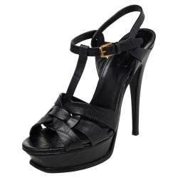 Pre Owned Saint Laurent Black Croc Embossed Leather Tribute Platform Sandals Size 38.5