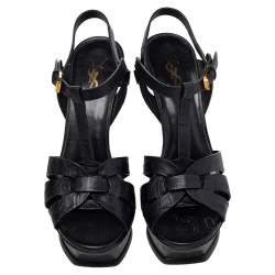 Pre Owned Saint Laurent Black Croc Embossed Leather Tribute Platform Sandals Size 38.5