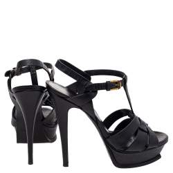 Pre Owned Saint Laurent Black Croc Embossed Leather Tribute Platform Sandals Size 38.5