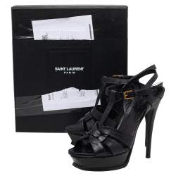 Pre Owned Saint Laurent Black Croc Embossed Leather Tribute Platform Sandals Size 38.5