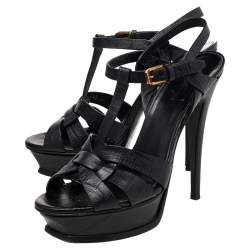 Pre Owned Saint Laurent Black Croc Embossed Leather Tribute Platform Sandals Size 38.5