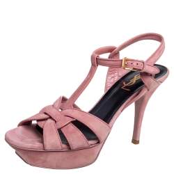 Pre Owned Saint Laurent Pink Suede and Leather Tribute Ankle Strap Sandals Size 37