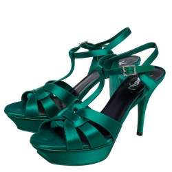 Pre Owned Saint Laurent Green Satin Tribute Platform Sandals Size 40